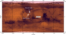 Глобальная карта Марса, обозначено положение равнины Оксия и долины Маврта (c) NASA/JPL/USGS