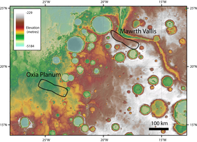 Равнина Оксия и долина Маврта с возможными местами посадки миссии "ЭкзоМарс-2020" на карте с обозначением высоты местности (c) NASA/JPL