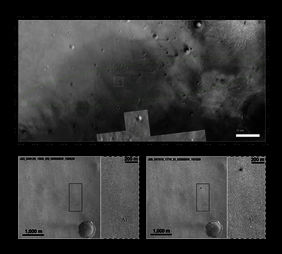 Предполагаемое место падения "Скиапарелли", сфотографированое камерой низкого разрешения КА MRO (НАСА) (с) Вверху: NASA/JPL-Caltech/MSSS, Arizona State University; 