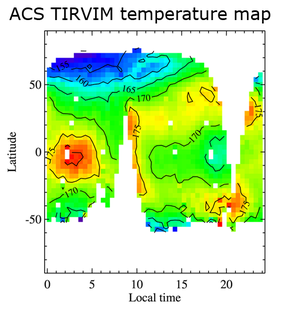 Температурная карта поверхности Марса, полученная с помощью спектрометра теплового инфракрасного диапазона TIRVIM (с) Роскосмос/ЕКА/ЭкзоМар